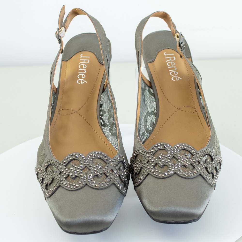 J. Renee Faleece Slingback Lace Rhinestones Gray Blocked Heel Women’s Shoes 9.5M - Picture 6 of 8